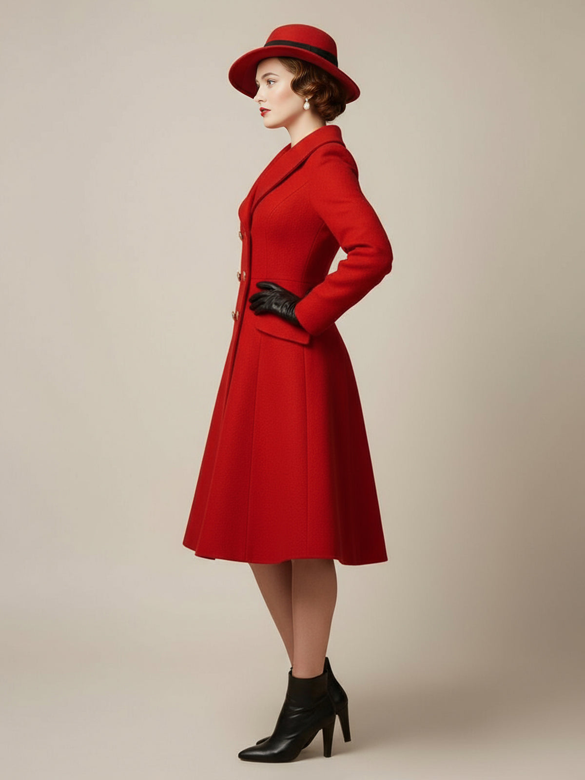Double-Breasted Flared Coat with Long Sleeves in Red – photo 3