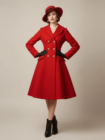 Double-Breasted Flared Coat with Long Sleeves in Red – photo 4