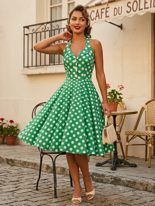 Lace-Up Dress with Buttons in Green – photo 1