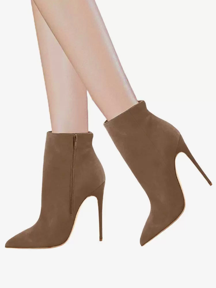 Pointed-Toe Stiletto Suede-Effect Ankle Boots in Brown – photo 3