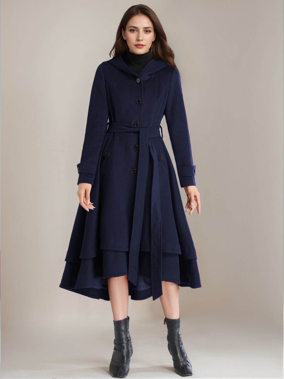 Flared Coat with Hood in Black – photo 3