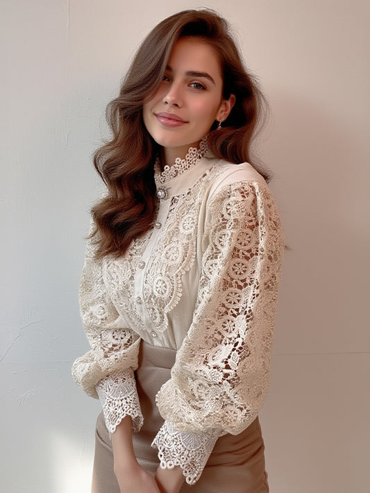 High-Neck Blouse with Long Sleeves in Apricot – photo 1