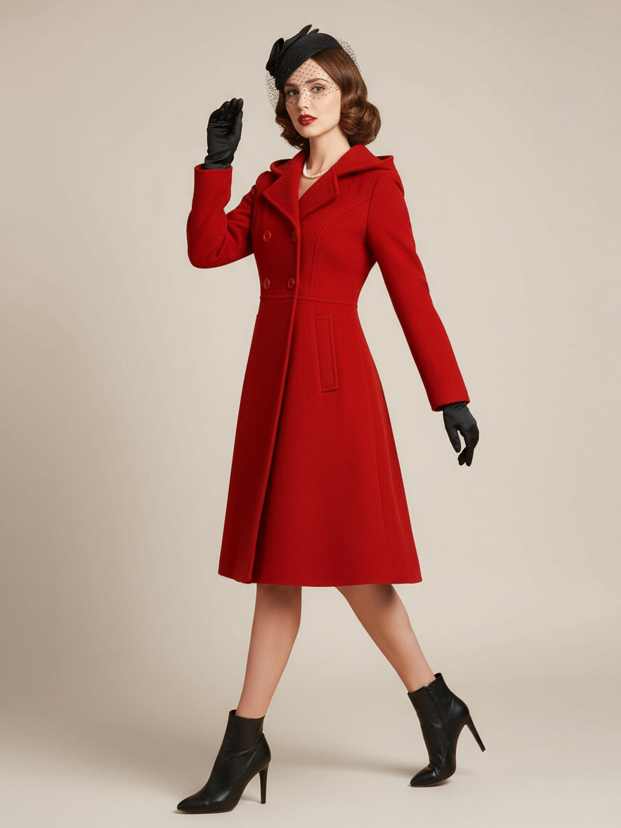 Double-Breasted Coat with Hood in Red – photo 3