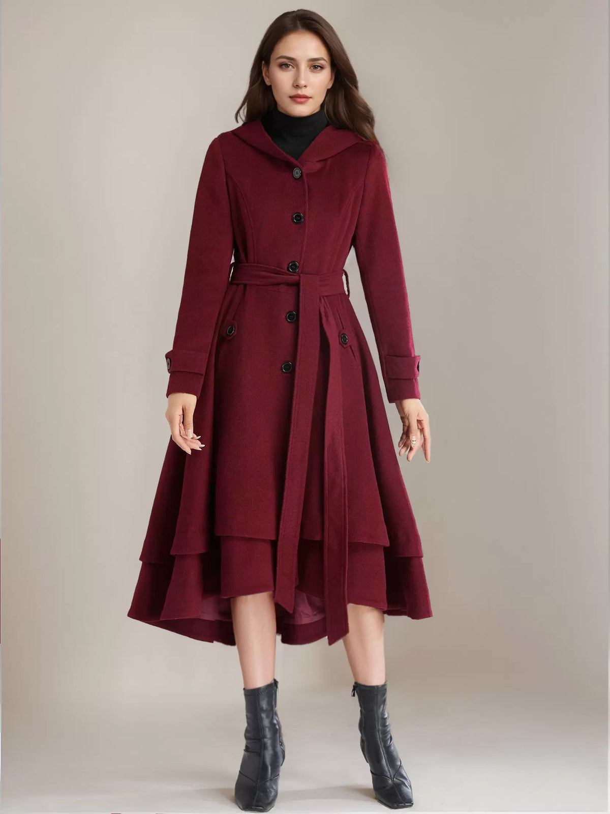 Flared Coat with Hood in Black – photo 4