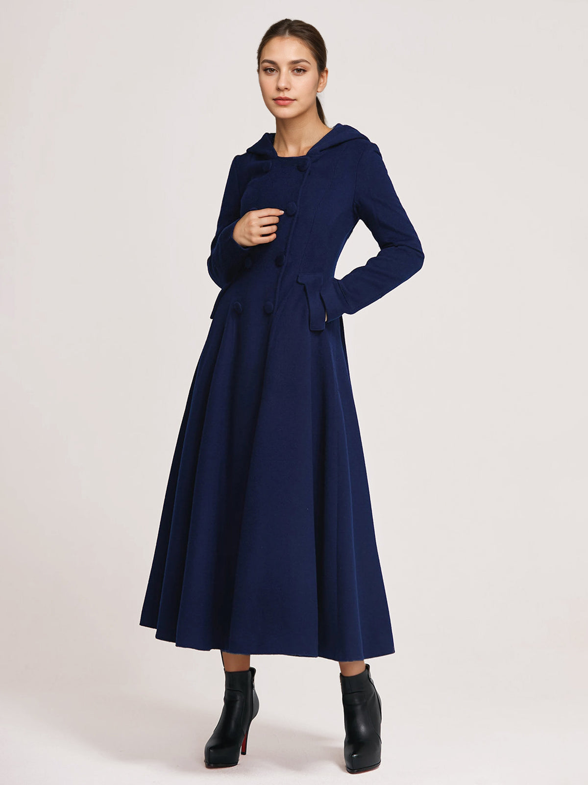 Double-Breasted Coat with Hood in Navy – photo 3
