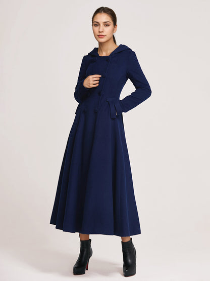 Double-Breasted Coat with Hood in Navy – photo 3