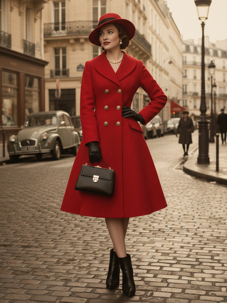Double-Breasted Flared Coat with Long Sleeves in Red – photo 8