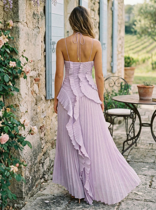 Halterneck Dress with Pleats in Purple – photo 2