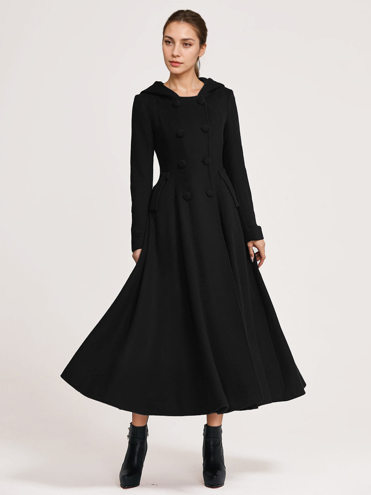 Double-Breasted Coat with Hood in Navy – photo 7