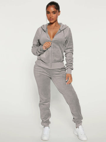 Zip-Up Two-Piece Set with Hood in Grey