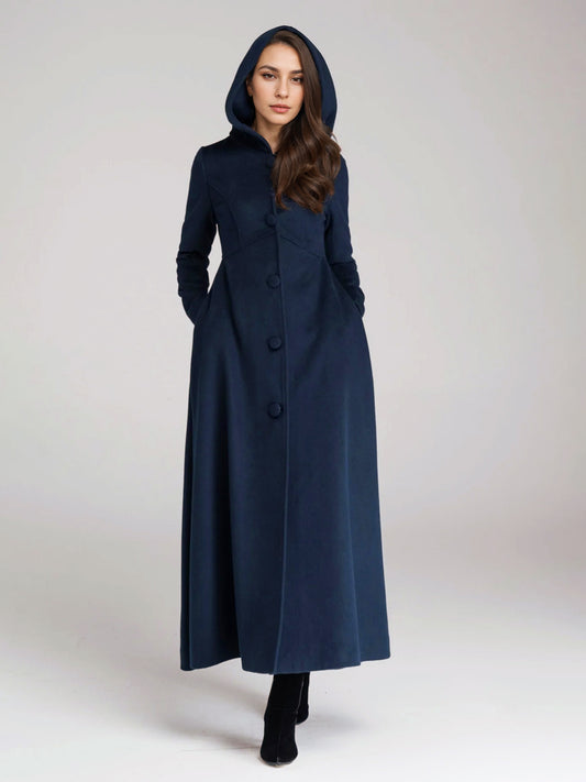 Flared Coat with Hood in Navy – photo 1