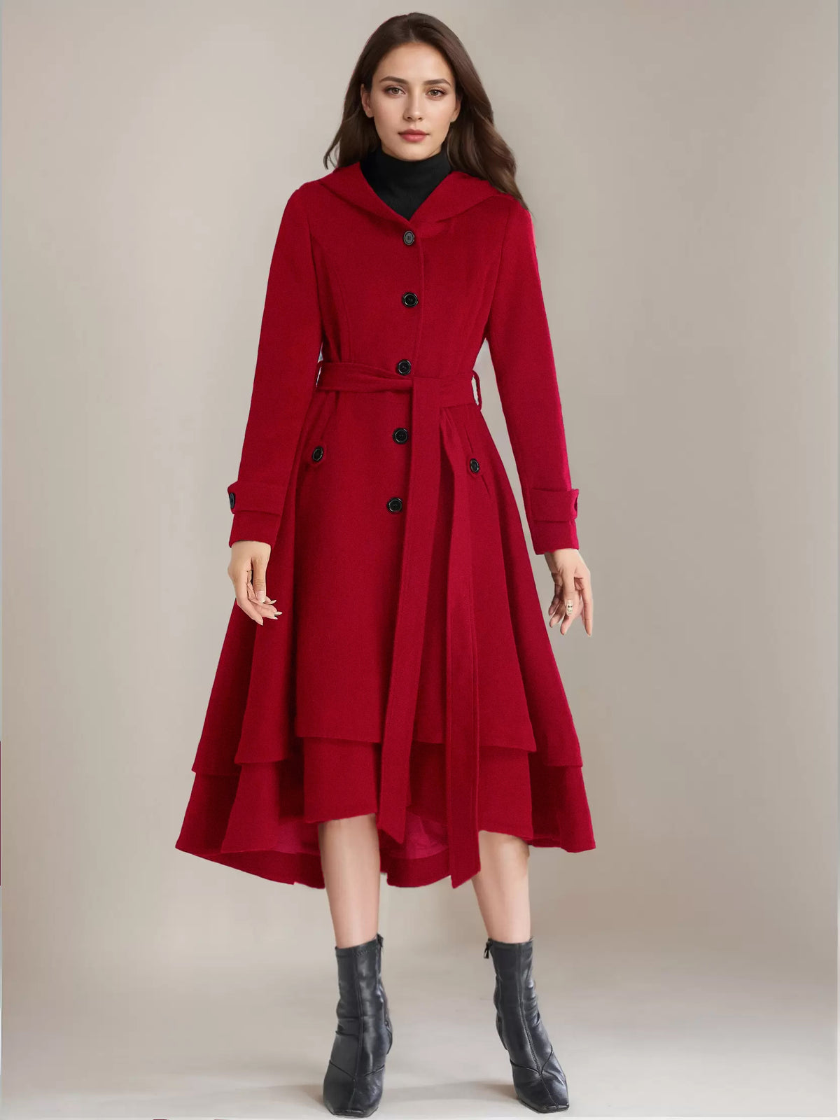 Flared Coat with Hood in Black – photo 9