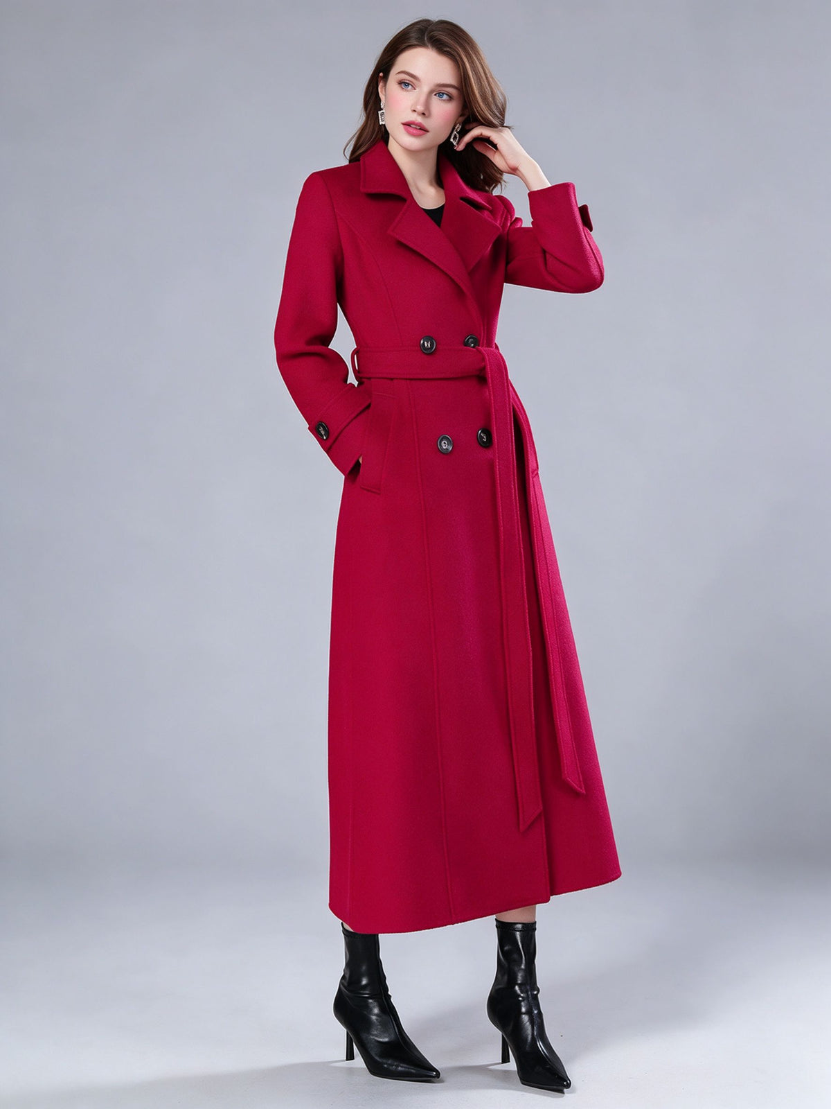 Double-Breasted Trench Coat with Long Sleeves in Red – photo 1