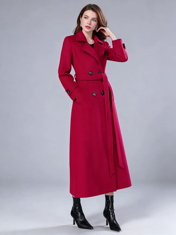 Double-Breasted Trench Coat with Long Sleeves in Red