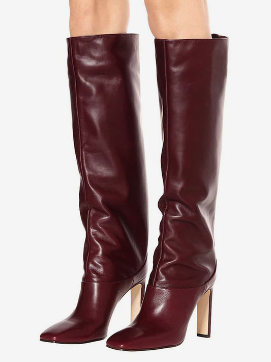 Square-Toe Block-Heel Knee-High Boots in Burgundy – photo 1