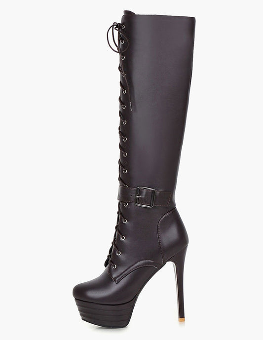 Round-Toe Knee-High Boots with Lace Trim in Brown – photo 1