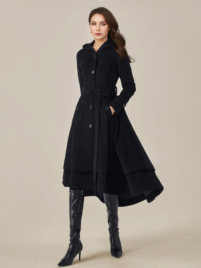 Flared Coat with Hood in Black – photo 2