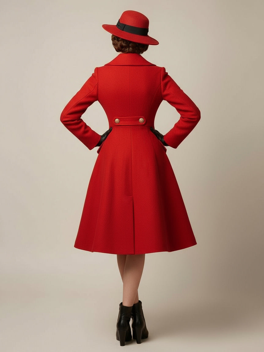 Double-Breasted Flared Coat with Long Sleeves in Red – photo 2