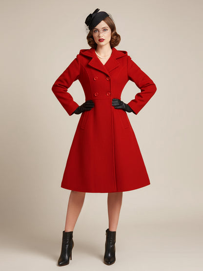 Double-Breasted Coat with Hood in Red – photo 1