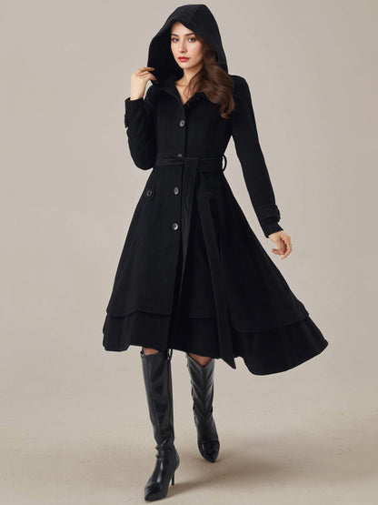 Flared Coat with Hood in Black – photo 1