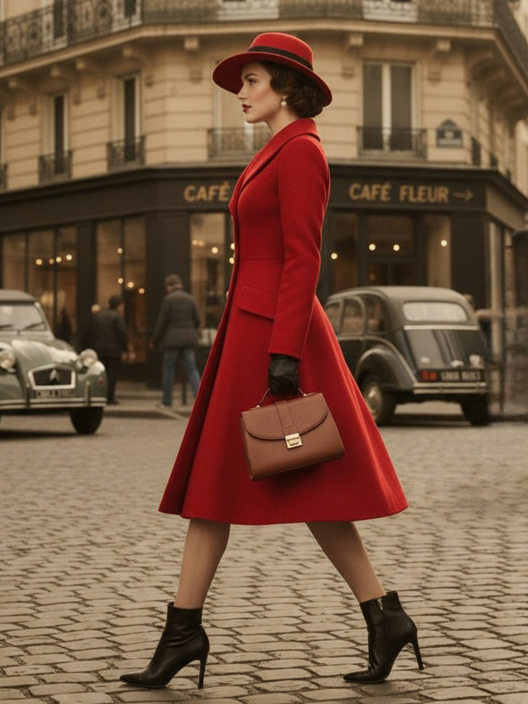 Double-Breasted Flared Coat with Long Sleeves in Red – photo 7