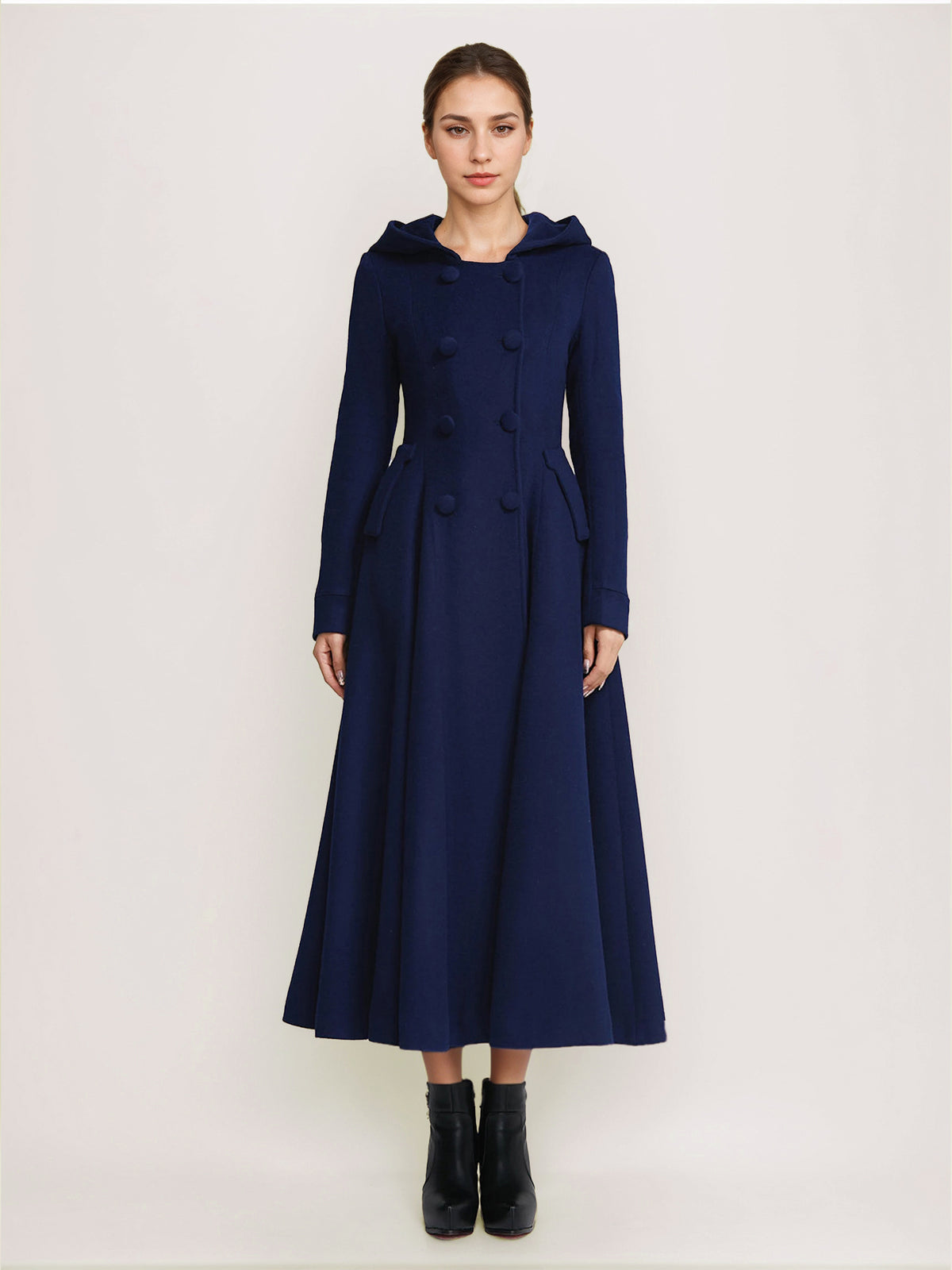 Double-Breasted Coat with Hood in Navy – photo 4