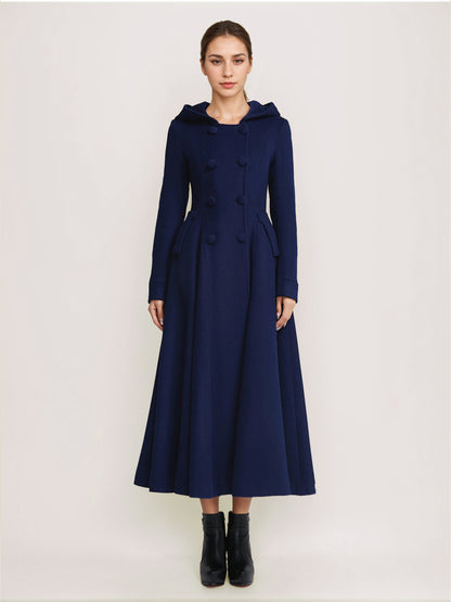 Double-Breasted Coat with Hood in Navy – photo 4