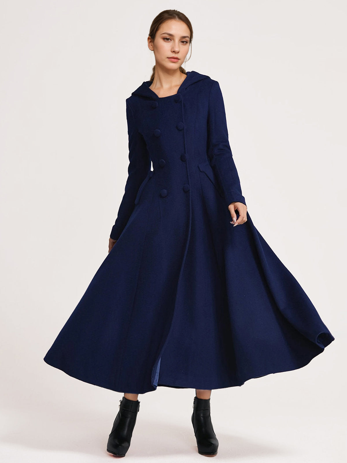 Double-Breasted Coat with Hood in Navy – photo 1