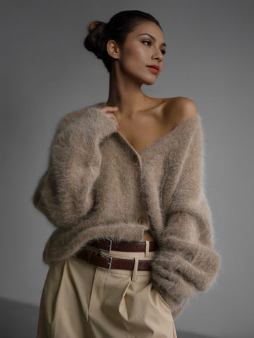 V-Neck Cardigan with Long Sleeves in Khaki