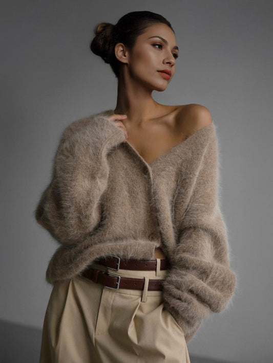 V-Neck Cardigan with Long Sleeves in Khaki – photo 1