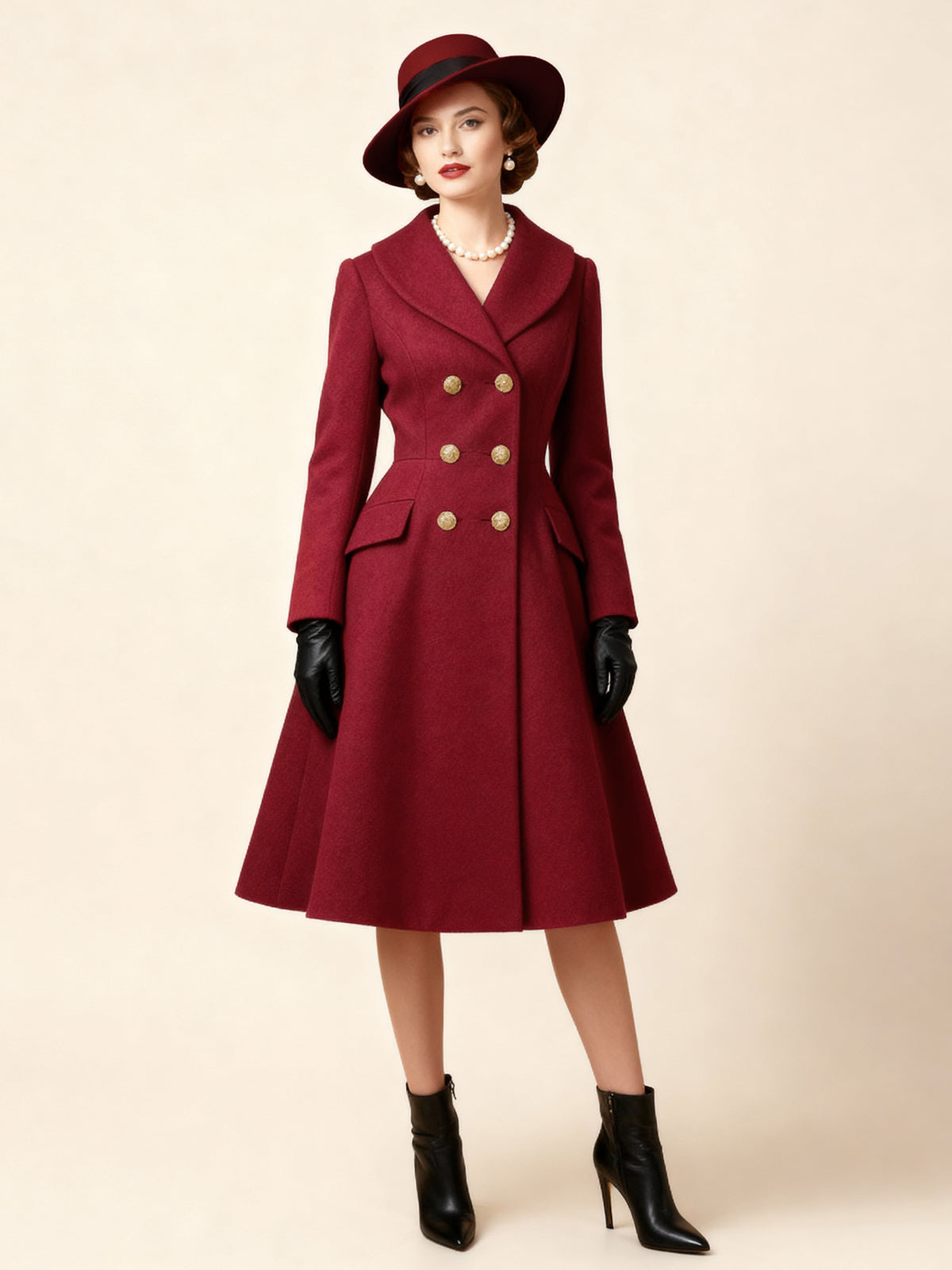 Double-Breasted Flared Coat with Long Sleeves in Red – photo 10