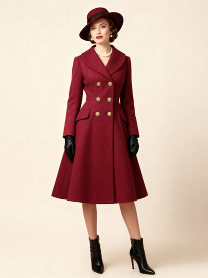Double-Breasted Flared Coat with Long Sleeves in Red – photo 10