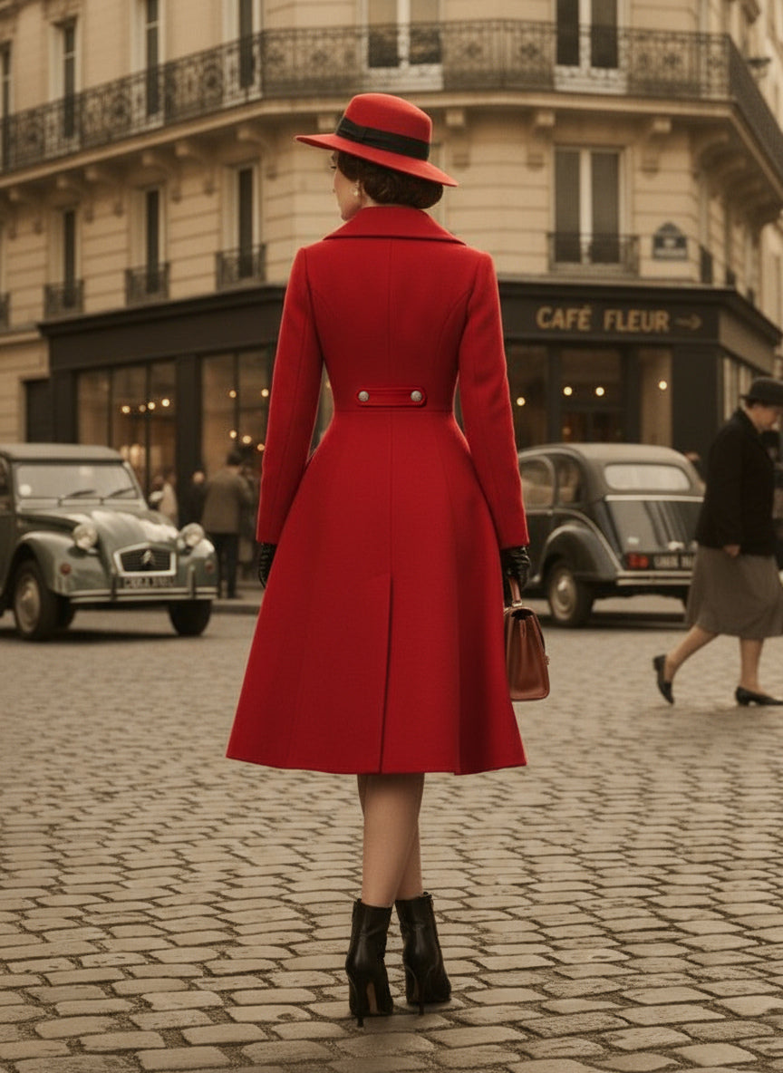 Double-Breasted Flared Coat with Long Sleeves in Red – photo 6