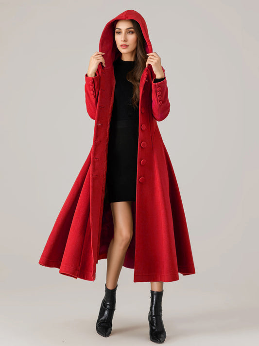 Flared Coat with Hood in Red – photo 1