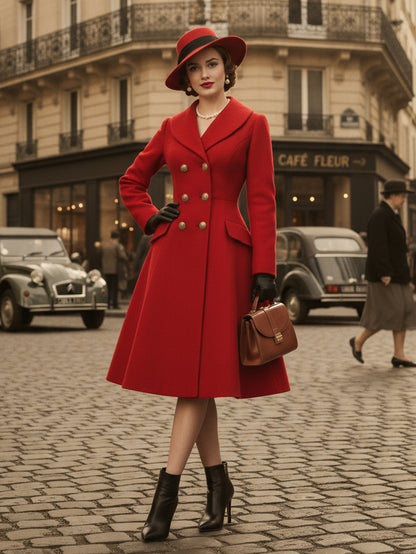 Double-Breasted Flared Coat with Long Sleeves in Red – photo 5