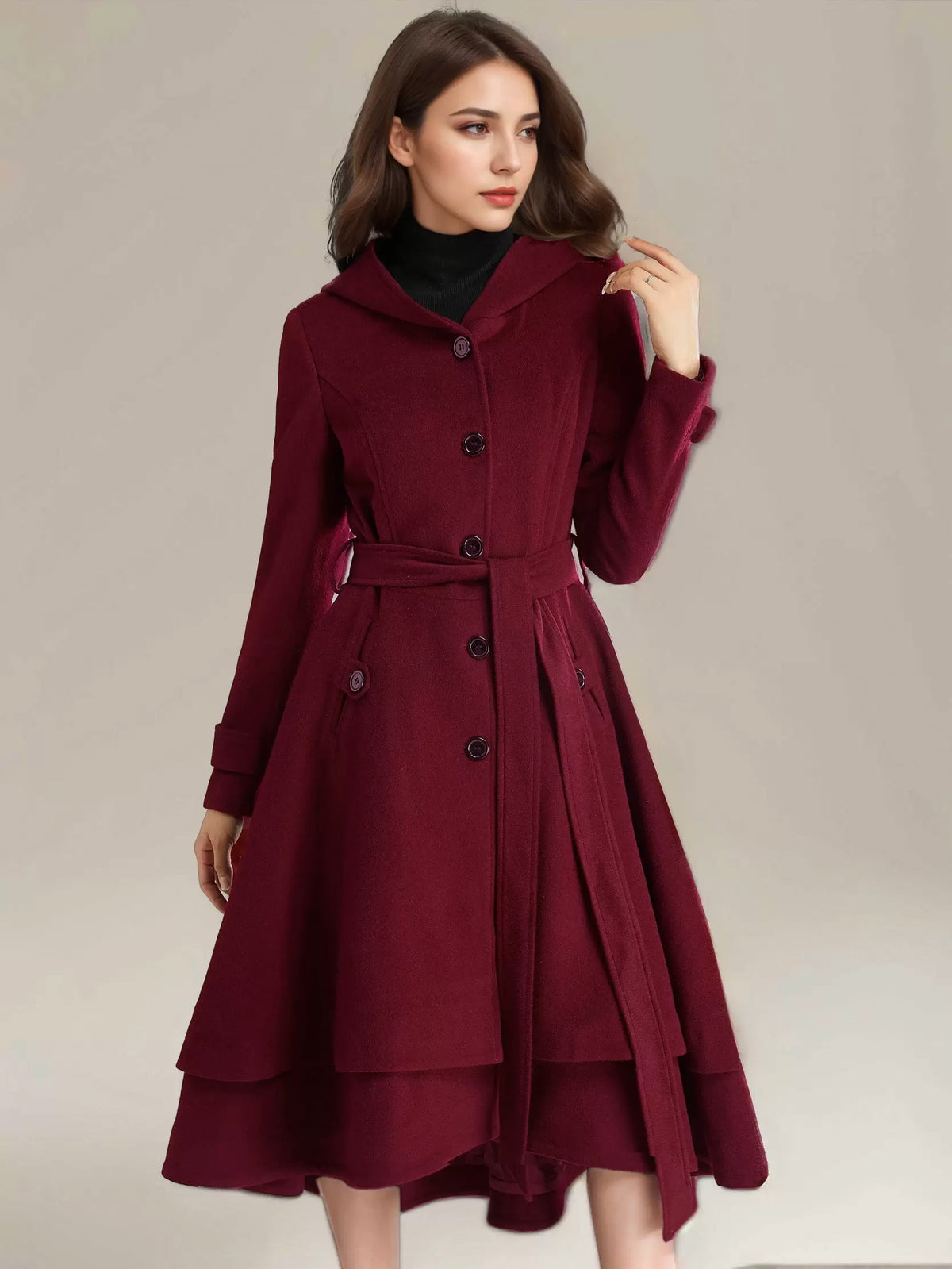 Flared Coat with Hood in Black – photo 7